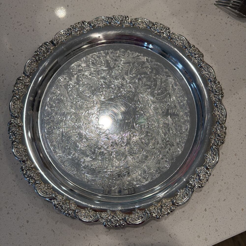 Oneida Ornate 12” Silverplate Serving Tray Round Vintage